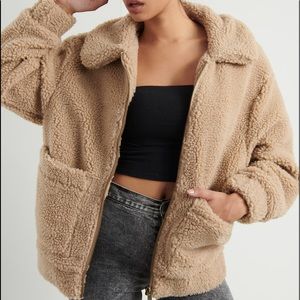 garage faux fur zip up sherpa teddy coat